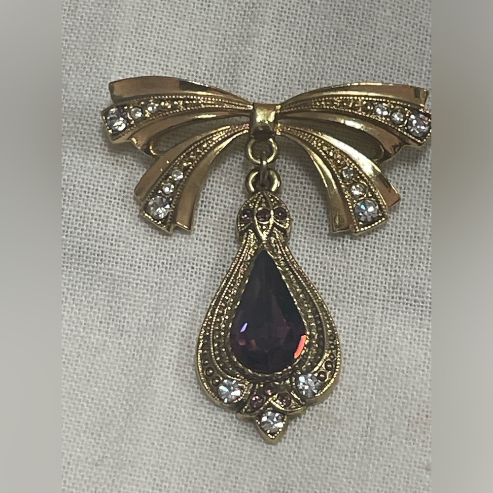 golden white rhinestone tied bow drop dangle amethyst rhinestone teardrop brooch